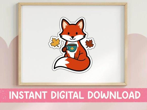 Autumn Fox with Coffee Sticker: Graphics for T-Shirt Designs