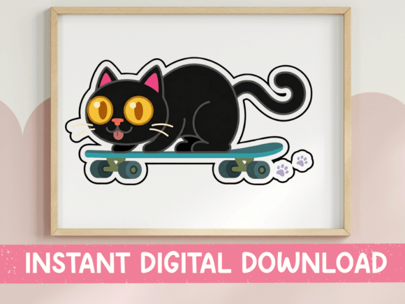 Black Cat on Skateboard Sticker: Graphics for T-Shirt Designs