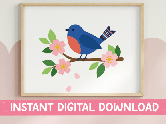 Bluebird on Blossom Branch Sticker: Graphics & T-Shirt Designs