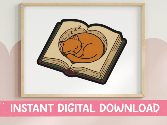 Cat Sleeping on Open Book Sticker Graphics