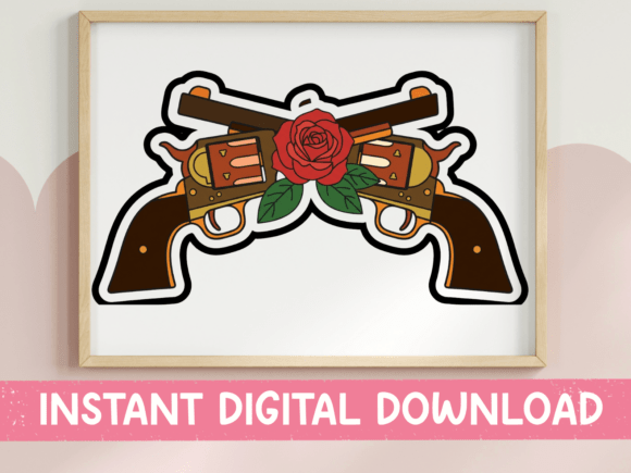 Crossed Pistols and Rose Sticker Design: Graphics for T-Shirt Designs