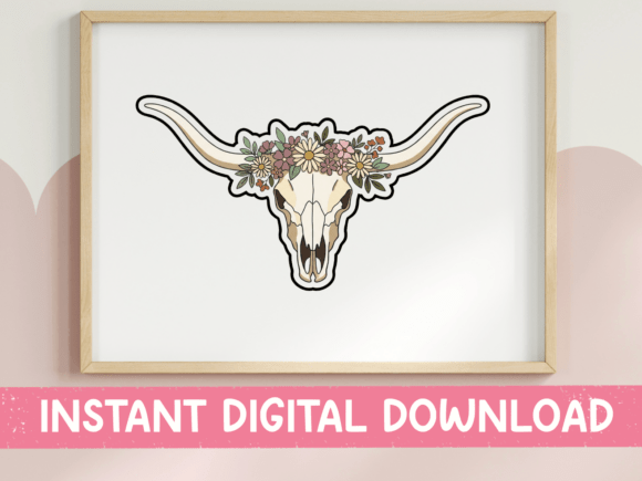 Floral Longhorn Skull Sticker Design: Graphics for T-Shirt Designs