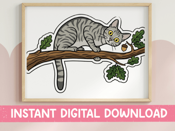 Gray Tabby Cat on Tree Branch Sticker: Graphics for T-Shirt Designs