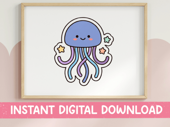 Kawaii Blue Jellyfish Sticker Design: Graphics & T-Shirt Designs