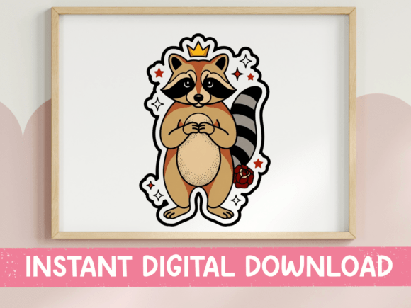 Raccoon King Sticker with Crown: Graphics & T-Shirt Designs