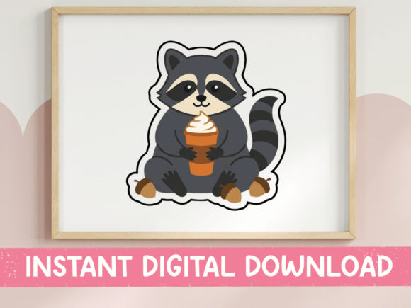 Raccoon with Pumpkin Spice Latte Sticker: Graphics & T-Shirt Designs