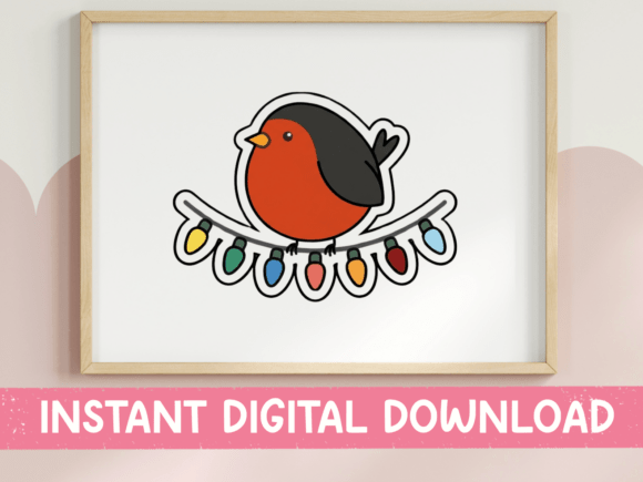 Robin Bird on Christmas Lights Sticker: Graphics & T-Shirt Designs