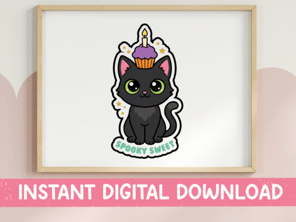 Spooky Sweet Black Cat Cupcake Sticker Graphics